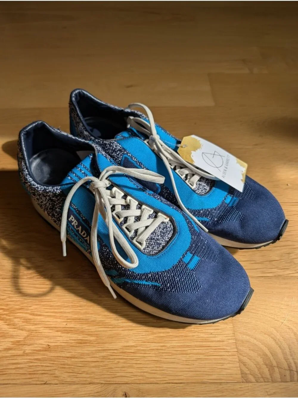 Prada Men's Navy Blue Knit Jacquard Fabric Low Top Lace-Up Sneakers, Size 9